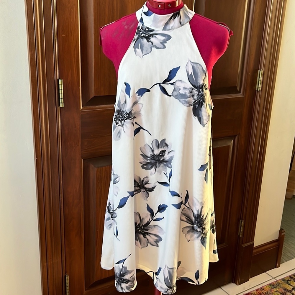 Lulu’s   NWT   High Neck  Halter style Dress white florals of blue/pink   Size M